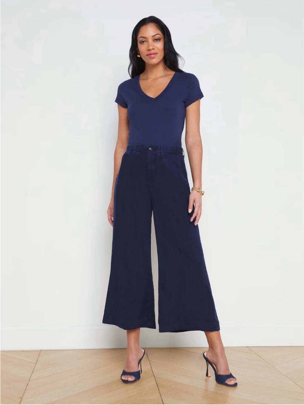 L'Agence Henderson Navy Linen Wide Leg Crop Pants Size 29